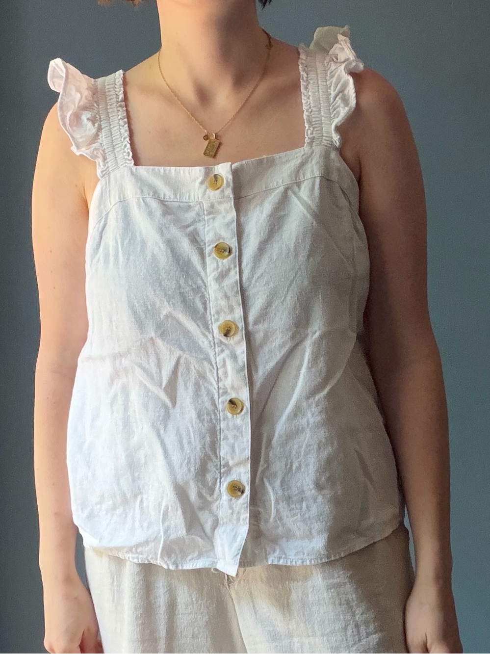 J. Crew White Ruffle Strap Linen Blend Tank